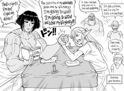  2boys 3girls arm_wrestling bb_(baalbuddy) book clenched_teeth closed_eyes elf english_text erelune_(baalbuddy) greyscale highres holding holding_book lolicon monochrome multiple_boys multiple_girls multitasking muscular muscular_female orc original pointy_ears ponytail reading seldaana_(baalbuddy) simple_background speech_bubble tank_top tattoo teeth trembling white_background 