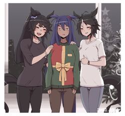  3girls ahoge animal_ears bead_bracelet beads black_hair black_pants blue_hair bracelet breasts brown_pants christmas_sweater christmas_tree closed_eyes collarbone commentary dark-skinned_female dark_skin dated ears_down fuji_kiseki_(umamusume) hand_on_another&#039;s_shoulder highres hishi_amazon_(umamusume) horse_ears horse_girl horse_tail indoors jewelry jitome long_hair looking_at_viewer medium_breasts meme multiple_girls narita_brian_(umamusume) oerba_yun_fang open_mouth pants parody ponytail red_eyes ryan_reynolds_ugly_sweater_(meme) shirt short_hair smile sumiosmith tail teeth thumbs_up umamusume unamused upper_teeth_only v-shaped_eyebrows watch white_shirt window wristwatch 