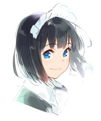  backlighting black_hair blue_eyes blunt_bangs bob_cut bow bowtie closed_mouth commentary_request dot_nose female floating_hair frilled_hairband frills from_side hairband looking_at_viewer looking_to_the_side maeya_susumu maid maid-san_wa_taberu_dake maid_headdress portrait short_hair signature simple_background smile solo suzume_(maid-san_wa_taberu_dake) tareme white_background white_bow white_bowtie white_hairband wing_collar 