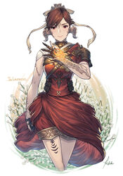  armor asymmetrical_clothes au_ra breasts brown_eyes brown_hair commission dragon_girl female final_fantasy final_fantasy_xiv hair_ornament highres ivris looking_at_viewer medium_breasts original parted_bangs scales short_hair shoulder_armor skeb_commission solo warrior_of_light_(ff14) 