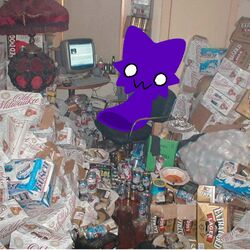  1:1 alcohol ambiguous_gender beer beverage blob_creature bottle can chair computer container dominix dominix_(character) electronics furniture hi_res keyboard lamp messy messy_room owo purple_body sitting solo trash wood 