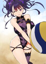  bad_id bad_twitter_id breasts bump_(volleyball) curvy fate/grand_order fate_(series) female hair_between_eyes hair_ornament highleg highleg_swimsuit highres impossible_clothes impossible_swimsuit large_breasts long_hair murasaki_shikibu_(fate) murasaki_shikibu_(swimsuit_rider)_(fate) murasaki_shikibu_(swimsuit_rider)_(first_ascension)_(fate) one-piece_swimsuit one_eye_closed open_mouth purple_eyes short_eyebrows signature single_thighhigh skindentation solo suminagashi sweat swimsuit thighhighs thighs volleyball wide_hips 