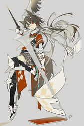  absurdres angry animal_ears arknights armor bright_pupils brown_hair commentary female flag full_body gauntlets grey_background highres holding holding_polearm holding_weapon horse_ears horse_girl lance long_hair moa_(fade64222) polearm red_eyes red_shirt scarf shirt short_sleeves simple_background solo symbol-only_commentary very_long_hair weapon white_flag white_pupils white_scarf wild_mane_(arknights) 