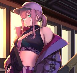  3_small_spiders absurdres aqua_eyes ar-57 ar-57_(girls&#039;_frontline) bare_shoulders black_gloves black_tank_top blush breasts closed_mouth clothes_pull commentary commentary_request crop_top female fingerless_gloves girls&#039;_frontline gloves gun hand_on_own_hip highres jacket jacket_pull long_hair looking_at_viewer medium_breasts midriff navel open_clothes open_jacket pink_hair ponytail sidelocks solo stomach submachine_gun tank_top upper_body weapon white_headwear white_jacket 