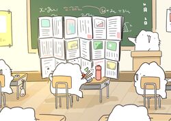  absurdres bento book chair chalkboard chopsticks classroom commentary desk eating eating_during_class eraser highres karameru karameru_(character) math open_book original podium school thermos wooden_floor 