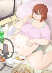  bed big_belly blush box brown_eyes brown_hair cellphone chips_(food) collarbone commentary_request eating fat female food foot_out_of_frame hair_between_eyes hair_ornament hairclip highres holding holding_food indoors katou_(katohayabusa) looking_at_screen medium_hair navel on_floor open_mouth original packet phone pizza pizza_box power_bank ring_light shadow short_sleeves sidelocks sitting smartphone soda_bottle solo table tareme television thick_arms thick_thighs thighs tissue_box wariza 