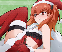  bertha_bernstein bioroid_hei blush curled_up fang_out female flat_chest from_side fur_trim gloves hat looking_at_viewer oerba_yun_fang orange_hair red_eyes red_gloves red_hat red_skirt santa_costume santa_hat skin_fang skirt smile solo super_robot_wars super_robot_wars_x-omega thighhighs twintails 