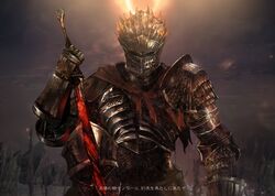  1other arm_at_side armor bad_id bad_twitter_id breastplate capelet dark dark_souls_(series) dark_souls_iii eclipse facing_viewer field_of_blades gauntlets glowing glowing_sword glowing_weapon hand_on_hilt hand_up helmet knee_up mono_(jdaj) moon outdoors pauldrons planted planted_sword plate_armor red_capelet shoulder_armor sitting solar_eclipse solo soul_of_cinder sun sword translation_request upper_body weapon 