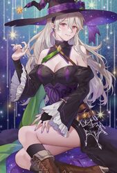  ai_tkkm black_dress black_hairband black_headwear black_sleeves blush boots breasts bridal_gauntlets brown_footwear cleavage closed_mouth commentary_request corrin_(female)_(fire_emblem) corrin_(female)_(halloween)_(fire_emblem) corrin_(fire_emblem) detached_collar detached_sleeves dress earrings female fire_emblem fire_emblem_fates fire_emblem_heroes grey_hair hair_between_eyes hairband halloween_costume hat highres jewelry long_hair looking_at_viewer medium_breasts official_alternate_costume pointy_ears purple_nails red_eyes smile solo thighs wavy_hair witch witch_hat 