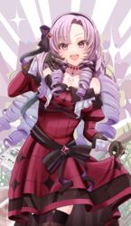  absurdres black_bow black_gloves black_hairband bow chest_tattoo claw_ring dress drill_hair female garter_straps gloves hair_ribbon hairband hairbow highres hyakumantenbara_salome hyakumantenbara_salome_(1st_costume) light_purple_hair long_hair long_sleeves looking_at_viewer musson nijisanji off-shoulder_dress off_shoulder parted_bangs puffy_long_sleeves puffy_sleeves purple_dress purple_eyes purple_ribbon ribbon sash scorpion_tattoo skindentation skirt_hold smile solo sparkle tattoo thighhighs very_long_hair virtual_youtuber 