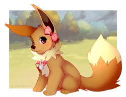  accessory ambiguous_gender bow_(feature) bow_accessory bow_ribbon chesta collar collar_tag day detailed_background digital_media_(artwork) eevee feral generation_1_pokemon hair_accessory hair_ribbon hairbow nintendo outside pokemon pokemon_(species) ribbons sitting smile solo 