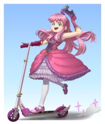  :d absurdres armpits blue_eyes border bow dress female footwear_bow full_body gloves hat_tip highres kick_scooter long_hair looking_at_viewer mary_janes medium_dress outside_border pantyhose pink_dress pink_footwear pink_gloves pink_hair princess princess_(terraria) shoes sleeveless sleeveless_dress smile solo standing standing_on_one_leg suweeka teeth terraria tiara white_border white_pantyhose 