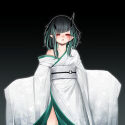  absurdres alternate_costume black_hair blue_hair blush commentary_request demon_girl demon_horns doryudory feet_out_of_frame female flat_chest floral_print gradient_background grey_background highres horns japanese_clothes kimono long_sleeves looking_at_viewer medium_hair multicolored_hair nanashi_inc. obi off_shoulder open_mouth pointy_ears red_eyes sash shishio_chris sleeves_past_fingers sleeves_past_wrists solo sugar_lyric two-tone_hair virtual_youtuber white_kimono white_sash wide_sleeves 