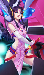  bangs black_hair blue_eyes blurry blurry_background breasts cross_ange enryugo female forehead_jewel gio_tengco highres holding holding_sword holding_weapon katana looking_at_viewer mecha parted_bangs pelvic_curtain salamandinay science_fiction sheath small_breasts sword unsheathing v-shaped_eyebrows visor weapon 