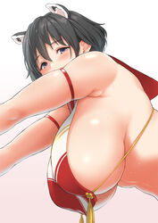  animal_ears bare_shoulders black_hair blue_archive blush breast_curtain breasts female grey_eyes hanging_breasts highres huge_breasts kemigawa_mondo looking_at_viewer raccoon_ears red_sailor_collar sailor_collar short_hair sideboob sideless_outfit solo tabard tsubaki_(blue_archive) 