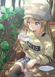  animal_ears animal_hat armchair black_thighhighs blue_eyes brown_shirt cabbie_hat cat_ears cat_girl cat_hat cat_tail chair closed_mouth collarbone commentary_request crossed_legs cup day fake_animal_ears feet_out_of_frame female grey_skirt hair_between_eyes hat highres hiyori-chan holding holding_cup holding_removed_eyewear light_brown_hair long_hair long_sleeves looking_away on_chair original outdoors pink-tinted_eyewear plaid plaid_skirt saucer shirt sitting skirt solo sora_(silent_square) steam sunglasses table tail tail_raised teacup thighhighs tinted_eyewear tree unworn_eyewear very_long_hair white_hat yellow-framed_eyewear 