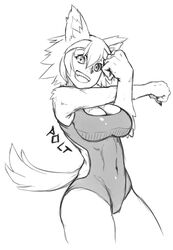  animal_ears animal_hands bankage breasts character_name claws cleavage cowboy_shot cross-body_stretch dog_ears dog_girl dog_tail female furry furry_female greyscale grin headband large_breasts looking_at_viewer messy_hair monochrome monster_musume_no_iru_nichijou navel oerba_yun_fang one-piece_swimsuit polt skin_tight smile solo source_request stretching swimsuit tail thighs 