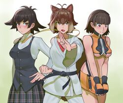  3girls animal_ears bad_id bad_twitter_id black_hair blazblue blush braid breasts brown_eyes brown_hair commentary cosplay costume_switch crown_braid dougi hand_on_own_hip inactive_account karate_gi looking_at_viewer makoto_(street_fighter) makoto_(street_fighter)_(cosplay) makoto_nanaya makoto_nanaya_(cosplay) medium_breasts multiple_girls name_connection niijima_makoto niijima_makoto_(cosplay) persona persona_5 plaid plaid_skirt red_eyes short_hair skirt squirrel_ears squirrel_girl street_fighter street_fighter_iii_(series) suwaiya underboob 