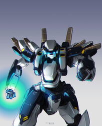  absurdres arbalest arm_slave_(mecha) blue_eyes clenched_hands english_commentary full_metal_panic gio_tengco glowing glowing_eyes glowing_hand gradient gradient_background highres looking_at_viewer mecha no_humans science_fiction solo 