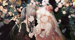  2girls arcaea black_dress black_ribbon blonde_hair blue_eyes bridal_veil closed_mouth commentary dress english_commentary film_grain flower grey_hair hair_flower hair_ornament hair_ribbon highres hikari_(arcaea) hikari_(zero)_(arcaea) holding_hands lobelia_(saclia) long_hair long_sleeves looking_at_viewer multiple_girls neck_ribbon orange_eyes parted_lips pink_flower profile red_ribbon ribbon tairitsu_(arcaea) tairitsu_(axium)_(arcaea) upper_body veil white_dress 