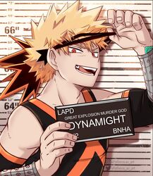  1boy artist_name athena_av bakugou_katsuki barbie_(franchise) barbie_(live_action) barbie_mugshot_(meme) blonde_hair boku_no_hero_academia detached_sleeves english_commentary english_text height_chart highres looking_at_viewer male_focus meme mugshot multicolored_hair red_eyes solo spiked_hair split-color_hair superhero_costume teeth tongue tongue_out 