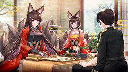  1boy 2girls :d amagi_(azur_lane) animal_ears azur_lane black_gloves black_hair blunt_bangs blurry board_game choker commander_(azur_lane) commentary_request depth_of_field eyeshadow family father_and_daughter fingerless_gloves fox_ears fox_girl fox_tail gloves hair_ornament hat highres if_they_mated japanese_clothes kimono kitsune kyuubi long_hair looking_at_another makeup military military_uniform mother_and_daughter multiple_girls multiple_tails naval_uniform obi open_mouth original peaked_cap purple_eyes sash short_hair shouji sidelocks sliding_doors smile stardust_(chen&#039;ai_weiding) table tail thick_eyebrows uniform unworn_hat unworn_headwear wide_sleeves xiangqi 