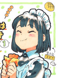  ^_^ apron arrow_(symbol) black_hair black_outline blunt_bangs blush bob_cut bread character_name chewing close-up closed_eyes closed_mouth colored_pencil_(medium) countdown dango dot_nose eating female food food_wrapper frilled_apron frilled_hairband frills from_side hairband hands_up holding holding_food maeya_susumu maid maid-san_wa_taberu_dake maid_apron maid_headdress melon_bread mitarashi_dango outline short_hair solo speech_bubble spoken_number suzume_(maid-san_wa_taberu_dake) taiyaki traditional_media upper_body wagashi white_apron white_background white_hairband wing_collar 