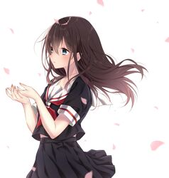  black_serafuku black_skirt blue_eyes brown_hair cherry_blossoms commentary english_commentary female from_side highres long_hair neckerchief original pleated_skirt red_neckerchief school_uniform serafuku skirt solo tsukichan_(maynyan23) 