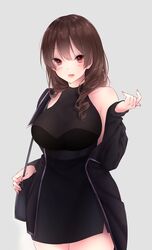  :d bare_shoulders black_bag black_dress black_jacket breasts brown_hair commentary cowboy_shot dress english_commentary female grey_background highres jacket large_breasts long_hair looking_at_viewer off_shoulder open_mouth original red_eyes simple_background sleeveless sleeveless_dress smile solo tsukichan_(maynyan23) 