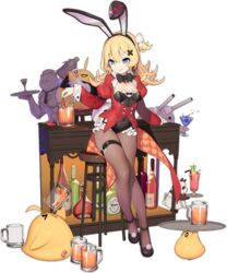  abercrombie_(azur_lane) abercrombie_(mischief_on_the_rocks)_(azur_lane) animal_ears azur_lane bar_stool beer_mug bird black_bow black_bowtie black_leotard black_pantyhose blonde_hair blue_eyes bottle bow bowtie breasts chick chili_pepper cocktail_glass covered_navel cup drinking_glass fake_animal_ears female grin hair_ornament highres holding holding_cup holding_tray jacket kinjo_kuromomo legs leotard long_hair manjuu_(azur_lane) meowfficer_(azur_lane) mug official_alternate_costume official_art panda pantyhose playboy_bunny rabbit_ears red_jacket small_breasts smile solo stool strapless strapless_leotard thigh_strap transparent_background tray x_hair_ornament 