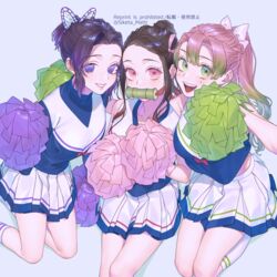  3girls :d alternate_hairstyle artist_name bamboo bit_gag blue_background blue_shirt blue_sweater breasts brown_hair butterfly_hair_ornament cheerleader crop_top crop_top_overhang gag gradient_hair hair_bun hair_ornament hair_ribbon high_ponytail highres kamado_nezuko kanroji_mitsuri kimetsu_no_yaiba kneehighs kochou_shinobu long_hair long_sleeves mizuki_mau mole mole_under_eye multicolored_hair multiple_girls open_mouth pink_eyes pink_hair pink_ribbon pleated_skirt pom_pom_(cheerleading) ponytail purple_eyes purple_hair ribbon shirt short_hair short_ponytail single_hair_bun skirt sleeveless sleeveless_shirt smile socks sweater twitter_username very_long_hair white_skirt white_socks 