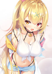  bare_shoulders blonde_hair blush breasts commentary_request cowboy_shot crop_top female hair_ornament hair_ribbon heterochromia highres hoshikawa_sara hoshikawa_sara_(1st_costume) large_breasts long_hair looking_at_viewer navel nijisanji open_mouth red_eyes ribbon shirt shorts side_ponytail smile solo tank_top tomifumi virtual_youtuber white_tank_top x_hair_ornament yellow_eyes 