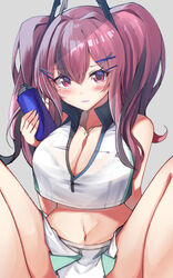  absurdres azur_lane bare_legs bare_shoulders blush bottle breasts bremerton_(azur_lane) bremerton_(scorching-hot_training)_(azur_lane) cleavage collarbone collared_shirt commentary_request cowboy_shot crop_top crop_top_overhang female green_skirt grey_background grey_hair hair_between_eyes hair_intakes hair_ornament hairclip hand_up heart heart_necklace highres holding holding_bottle jewelry knees_up large_breasts long_hair looking_at_viewer midriff misonikomi mole mole_under_eye multicolored_hair navel necklace official_alternate_costume parted_lips pink_eyes pink_hair shaded_face shirt sidelocks simple_background skirt sleeveless sleeveless_shirt solo sportswear squatting streaked_hair tennis_uniform twintails two-tone_hair two-tone_skirt water_bottle white_shirt white_skirt 