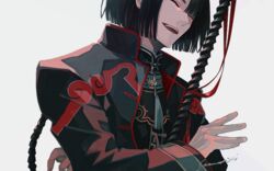  1boy black_coat black_hair chinese_clothes closed_eyes coat commentary_request fate/grand_order fate_(series) high_collar long_hair long_sleeves male_focus open_mouth sei_8220 smile solo tai_gong_wang_(fate) upper_body weapon 