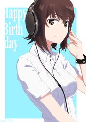  absurdres birthday blue_background border brown_eyes brown_hair closed_mouth commentary dated dress_shirt english_text female girls_und_panzer hand_on_headphones happy_birthday headphones highres looking_at_viewer nishizumi_maho oritako outside_border shirt short_hair short_sleeves smile solo upper_body watch white_border white_shirt wing_collar wristwatch 