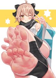  :q absurdres black_scarf fate/grand_order fate_(series) feet female foot_focus foreshortening he_c92 highres japanese_clothes kimono looking_at_viewer md5_mismatch no_shoes okita_souji_(fate) okita_souji_(koha-ace) one_eye_closed scarf shinsengumi short_kimono sitting sleeveless sleeveless_kimono smile soles solo spread_toes toenails toes tongue tongue_out v 