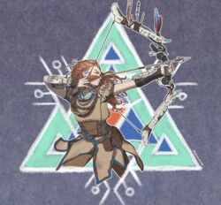  absurdres aiming aloy_(horizon) arm_guards arrow_(projectile) bead_necklace beads belt belt_pouch bow_(weapon) braid closed_mouth commentary cropped_legs dreadlocks earpiece female focus_(horizon) freckles green_eyes hair_beads hair_ornament highres holding holding_arrow holding_bow_(weapon) holding_weapon horizon_(video_game) horizon_zero_dawn jewelry long_hair looking_away looking_to_the_side multiple_braids multiple_necklaces necklace orange_hair pelt pouch roviahc short_sleeves solo tribal weapon 