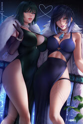  2girls alternate_costume black_gloves black_hair blue_dress blue_hair bracelet breasts cleavage commentary covered_navel crossover dark_green_hair dated diagonal_bangs dice dress ear_piercing elbow_gloves english_commentary evening_gown fubuki_(one-punch_man) genshin_impact gloves gradient_hair green_dress green_eyes heart jewelry large_breasts laura_post lips looking_at_viewer mixed-language_commentary mole mole_on_breast multicolored_hair multiple_girls neck_tassel necklace night night_sky olchas one-punch_man paid_reward_available parted_lips patreon_username pearl_bracelet pearl_necklace piercing short_hair side_slit signature sky smile star_(sky) starry_sky thigh_strap thighs voice_actor_connection watermark yelan_(genshin_impact) 