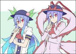  2girls :/ ascot black_border blue_background blue_hair border bow commentary_request cowboy_shot dress food fruit gradient_hair hair_between_eyes hat hat_bow hat_ribbon hinanawi_tenshi index_finger_raised kenuu_(kenny) koi_dance light_smile looking_at_viewer multicolored_hair multiple_girls nagae_iku peach pink_dress purple_hair red_ascot red_bow red_eyes red_ribbon ribbon shawl shirt sidelocks simple_background split_mouth touhou two-tone_background v-shaped_eyebrows white_background white_shirt 