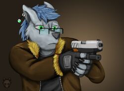  action_pose anthro canid canine canis capcom claws earpiece eyewear glasses gun handgun hi_res male mammal pistol pose ranged_weapon resident_evil solo theslimedragon weapon wolf 