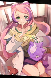  absurdres bad_id bad_pixiv_id blush closed_mouth coat collarbone commentary_request curtains earrings eyelashes eyeliner female flower_earrings green_eyes hand_up highres index_finger_raised indoors jewelry lab_coat light_purple_hair long_hair looking_at_viewer makeup miriam_(pokemon) multicolored_hair off-shoulder_sweater off_shoulder open_clothes open_coat pencil_skirt pink_eyeliner pink_hair poke_ball poke_ball_(basic) pokemon pokemon_(creature) pokemon_sv purple_hair sitting skirt smile streaked_hair striped_clothes striped_skirt sweater swept_bangs toxel umiru window yellow_sweater 