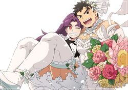  1boy :d ;d bare_shoulders black_suit bouquet bow bowtie bridal_legwear bride carrying couple crossdressing female flower groom heads_together holding holding_bouquet husband_and_wife long_hair male_cleavage male_focus muscular muscular_male one_eye_closed onizuka_momoko open_mouth original pectorals princess_carry purple_hair re:ar ryanpei short_hair sideburns sidepec smile straight thick_thighs thighhighs thighs tonogawachi_tatsuomi white_flower white_legwear 