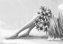  barefoot dress female flower greyscale legs lily_(flower) menka_(menka_wata) monochrome original sitting solo 