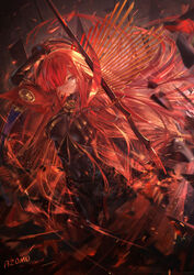  armored_boots artist_name azomo black_bodysuit bodysuit boots breasts cape chinese_commentary collared_cape commentary crest family_crest fate/grand_order fate_(series) feet_out_of_frame female hair_over_one_eye highres koha-ace large_breasts long_hair looking_at_viewer looking_to_the_side oda_nobunaga_(fate) oda_nobunaga_(maou_avenger)_(fate) oda_uri photoshop_(medium) popped_collar red_cape red_eyes red_hair revision sideways_glance solo weapon_request 