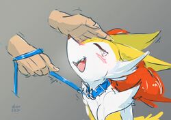  2020 ambiguous_gender anthro blue_collar blue_leash blush bodily_fluids braixen closed_eyes collar collar_only crying dated discocci disembodied_hand duo ears_back fur generation_6_pokemon grey_background head_pat human inner_ear_fluff leash leashed_collar mammal multicolored_body nintendo nude number open_mouth open_smile orange_inner_ear_fluff petting petting_head pink_tongue pivoted_ears pokemon pokemon_(species) signature simple_background smile tears tears_of_joy text tongue tuft two_tone_body white_body white_fur yellow_body yellow_ears yellow_fur 