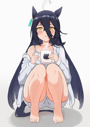  :o absurdres ahoge animal_ears barefoot black_hair blush collarbone commentary_request cup earrings female full_body hair_between_eyes highres hojichabu holding holding_cup horse_ears horse_girl horse_tail jacket jewelry long_bangs long_hair long_sleeves looking_at_viewer manhattan_cafe_(umamusume) off_shoulder shirt shorts simple_background single_earring sitting sleeveless sleeveless_shirt smoke solo squatting tail thighs umamusume white_background white_jacket white_shirt white_shorts 