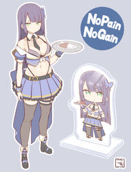  acrylic_stand_(object) adapted_costume ankle_boots arm_at_side artist_name assault_lily bare_shoulders belt between_breasts bikini bikini_under_clothes black_belt black_footwear black_necktie blue_shirt blue_skirt blunt_bangs blunt_ends boots breasts brown_thighhighs bug butterfly character_print chestnut_mouth chibi cleavage closed_mouth collarbone commentary_request crop_top curry detached_collar female food frilled_skirt frills front-tie_top full_body funada_kiito garter_straps gochisousama_(tanin050) green_eyes grey_background halterneck hand_on_own_hip hand_up highleg highleg_bikini highres holding holding_plate light_blush long_hair looking_at_viewer medium_breasts midriff miniskirt navel necktie necktie_between_breasts off-shoulder_shirt off_shoulder outline parted_lips plate pleated_skirt puffy_short_sleeves puffy_sleeves purple_bikini purple_hair shirt short_sleeves simple_background single_stripe skirt solo standing stomach string_bikini striped_bikini striped_clothes striped_skirt swimsuit thigh_strap thighhighs v-shaped_eyebrows waist_cape white_outline wrist_cuffs zettai_ryouiki 