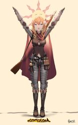  :o absurdres armor blonde_hair blue_eyes bolt_action boots breasts cape clothing_cutout commission dark_souls_(series) dark_souls_i english_commentary female full_body gar32 gauntlets girls&#039;_frontline gun hair_ornament highres knee_boots long_hair mosin-nagant mosin-nagant_(blade_of_white_steel)_(girls&#039;_frontline) mosin-nagant_(girls&#039;_frontline) navel_cutout official_alternate_costume open_mouth plate_armor praise_the_sun red_cape rifle simple_background solo standing weapon 