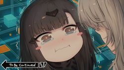  2girls :i absurdres anna_(girls&#039;_frontline) black_eyes black_hair blush blush_stickers closed_mouth commentary crying_aqua_(meme) english_text girls&#039;_frontline grey_hair hair_ornament highres jojo_no_kimyou_na_bouken long_hair looking_at_another meme multiple_girls nyto_(girls&#039;_frontline) solo_focus tama_yu tears thick_eyebrows to_be_continued trembling ump45_(girls&#039;_frontline) v-shaped_eyebrows wavy_mouth 