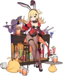  abercrombie_(azur_lane) abercrombie_(mischief_on_the_rocks)_(azur_lane) animal_ears azur_lane bar_stool beer_mug bird black_bow black_bowtie black_leotard black_pantyhose blonde_hair blue_eyes bottle bow bowtie breasts chick chili_pepper cocktail_glass covered_navel cup drinking_glass fake_animal_ears female grin hair_ornament highres holding holding_cup holding_tray jacket kinjo_kuromomo legs leotard long_hair manjuu_(azur_lane) meowfficer_(azur_lane) mug official_alternate_costume official_art panda pantyhose playboy_bunny rabbit_ears red_jacket small_breasts smile solo stool strapless strapless_leotard thigh_strap transparent_background tray x_hair_ornament 